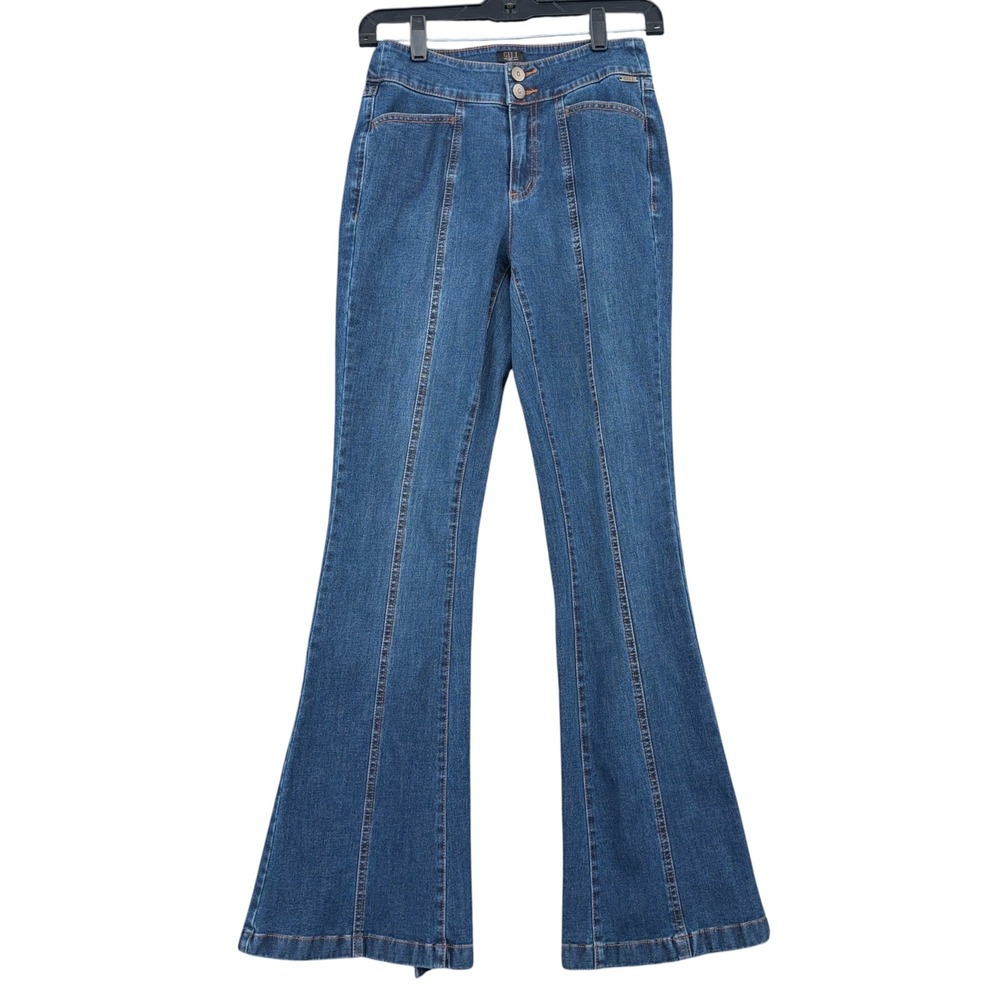 G.I.L.I. Flare Jeans Womens 2 Cotton Blend Blue High Waist Slit Denim
